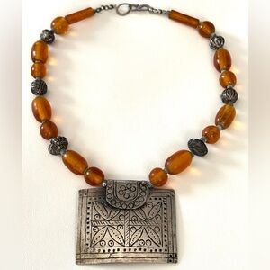 Vintage Amber Glass Beaded Hammered Metal Pendant Necklace Bohemian Boho